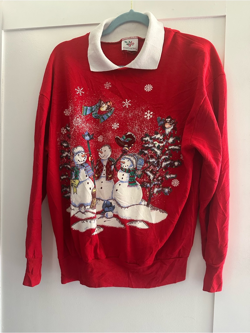 Women's Red Snowman Crewneck Sweater with White Contrast Collar